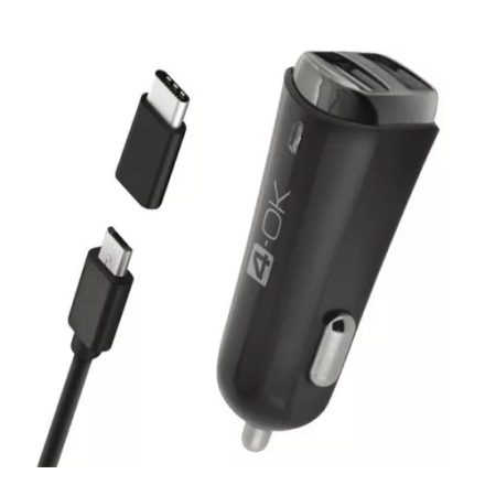 4-OK autós töltő 2 USB aljzat + Type-C adapter + microUSB kábel